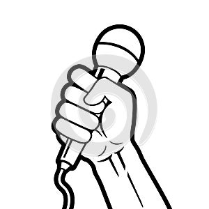 Hand holding microphone in a fist.