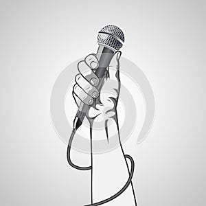 Hand holding a microphone in a fist. vector