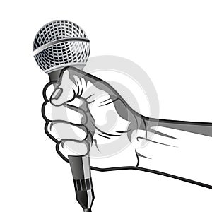 Hand holding a microphone in a fist. vector illustration in black and white style