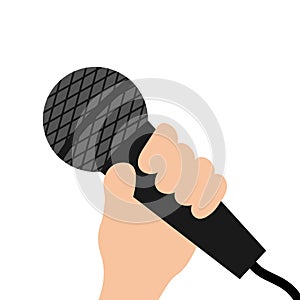 Hand holding microphone. Guy man woman girl singing. Music karaoke party. Cute cartoon funny character. News journalist speech