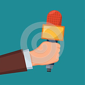 Hand holding microphone for news reporter concept vector illustration