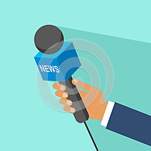 Hand holding a microphone, press conference, vector illustration. Hand holding microphone. interview