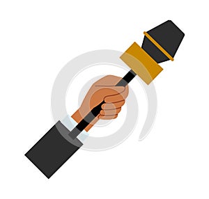 Hand holding a microphone vector illustration. Correspondent interviews with special equipment