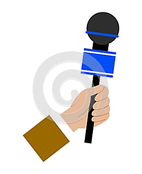 Hand holding a microphone vector illustration. Correspondent interviews with special equipment