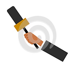 Hand holding a microphone vector illustration. Correspondent interviews with special equipment