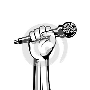 Hand holding microphone vector illustration. Hand and mic illustration.