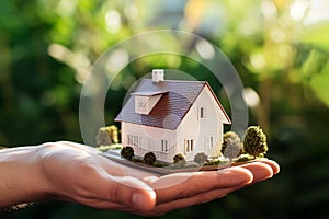 Hand holding a miniature house model. Real estate, investment, property insurance, mortgage, home loan, and savings concept.