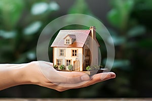 Hand holding a miniature house model. Real estate, investment, property insurance, mortgage, home loan, and savings concept.