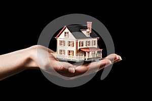 Hand holding a miniature house model. Real estate, investment, property insurance, mortgage, home loan, and savings concept.