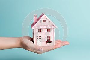 Hand holding a miniature house model. Real estate, investment, property insurance, mortgage, home loan, and savings concept.
