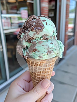 a hand holding an Mint Choco ice cream cone - ai.