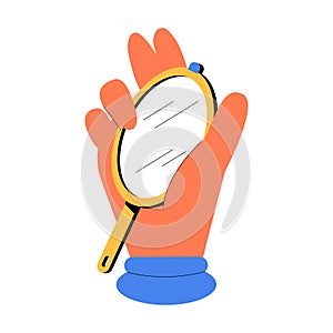 Hand Holding A Mirror In Flat Vector Illustration Symbolizing Self Reflection, Beauty, And Personal Care, Isolated On photo