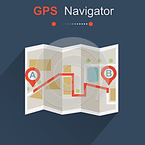Hand holding Mobile with Gps Navigation map on screen. Flat style design of web banner template for website or infographics,