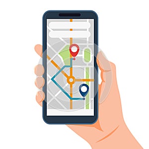 Hand holding mobile with navigation city map. Mobile app with map. Gps navigation in smartphone. Mobile navigator