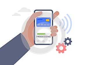 Hand holding mobile with online card payment