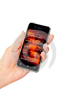 Hand holding mobile phone with bank account screen over white