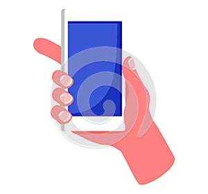 Hand holding mobile phone with blank screen. Modern digital technology and communication concept vector illustration