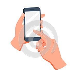 Hand holding a mobile phone with blank screen on white background. Finger touching. Hand holds smartphone.