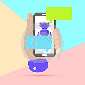 hand holding mobile phone with chat robot bot message notifications on pastel colored blue and pink background. Arm with