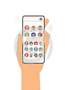 Hand holding mobile phone with Clubhouse app on screen flat vector illustration