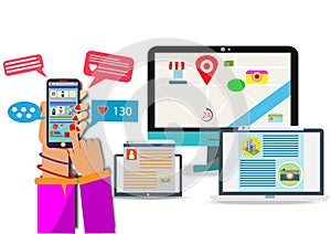 Hand holding mobile phone and computer.messages.