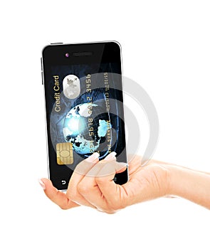 Hand holding mobile phone with credit card screen