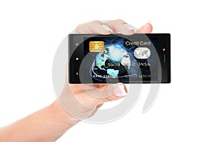 Hand holding mobile phone with credit card screen