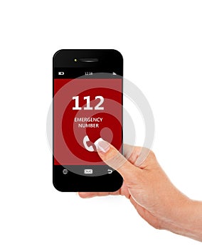 hand holding mobile phone with emergency number 112 isolated over white