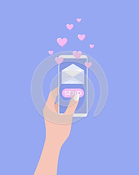 Hand holding mobile phone with envelope on screen and flying hearts on purple background. Sending a love letter or message