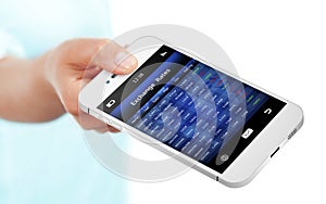 hand holding mobile phone with exchange rates screen isolated over white