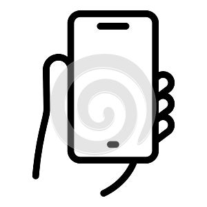 Hand holding mobile phone icon outline vector. Touch smartphone