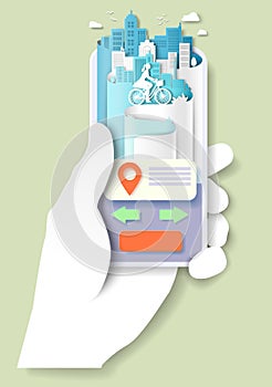 Hand holding mobile phone with location pin, woman riding city bike, vector paper cut illustration. Gps navigation app.