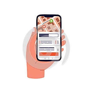 Hand holding mobile phone with map app for GPS navigation. Using smartphone screen with application for tracking