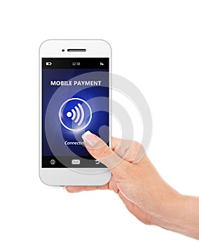 Hand holding mobile phone with mobile payment isolated over whit