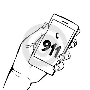 Hand holding mobile phone with number 911