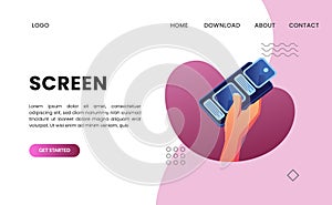 Hand holding mobile phone pose for scrolling screen device illustration for landing page concept
