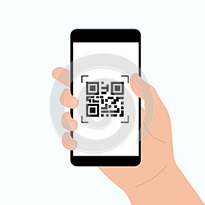 Hand holding mobile phone. QR code scanning on smartphone. QR code for payment.