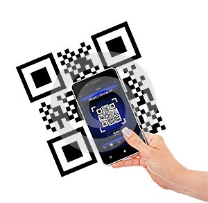 Hand holding mobile phone with qr code screen isolated over whit