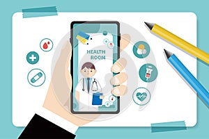 Hand holding a mobile phone: the screen shows the doctor\'s knowledge teaching. Healthcare vector concept.