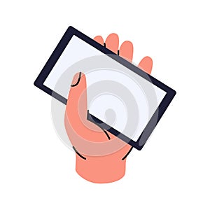 Hand holding mobile phone. Smartphone with a blank white screen. Blank touch screen mobile. Vector illustration