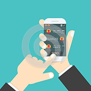 Hand holding mobile phone.Social network concept.Messenger window.Chating,line and messaging concept.Vector illustration.