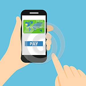 Hand holding a mobile phone to pay with credit card vector illustration