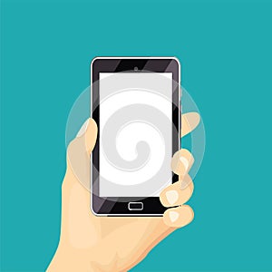 Hand holding mobile phone. Vector illustration of smartphone with empty white screen