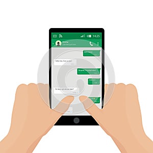 Hand holding mobile phone. Vector illustration. Social network concept. Chating and messaging concept. Green chat boxes.