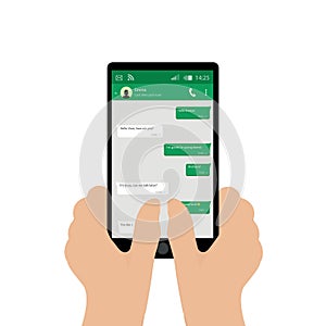 Hand holding mobile phone. Vector illustration. Social network concept. Chating and messaging concept. Green chat boxes.