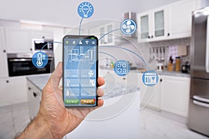 Hand Holding Mobile With Smart Home Control Icon Feature