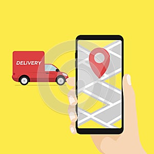 Hand holding mobile smart phone with app delivery tracking.