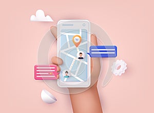 Hand holding mobile smart phone with app delivery tracking. Vector modern 3d creative info graphics design on application