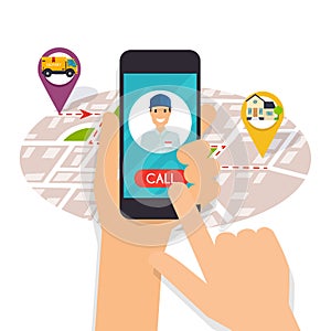 Hand holding mobile smart phone with app delivery tracking. Vector modern flat creative info graphics design on application.