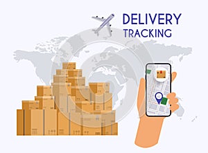 Hand holding mobile smart phone with app delivery tracking. Vector modern flat creative info graphics design on  application